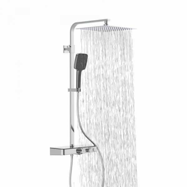 Duschsystem mit quadratischem Regenduschkopf und Handbrause Thermostat mit Ablage , Wasser läuft aus dem Duschkopf.