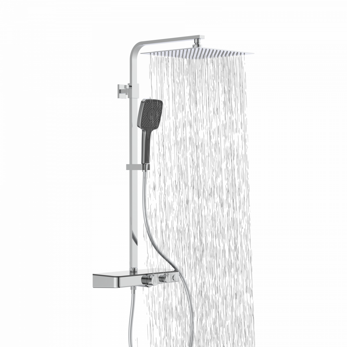 Duschsystem mit quadratischem Regenduschkopf und Handbrause Thermostat mit Ablage , Wasser läuft aus dem Duschkopf.