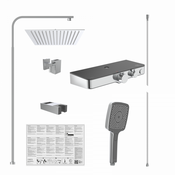 Duschsystem-Set mit eckiger Kopfbrause, Handbrause, Thermostat, Halterungen und Montageanleitung.