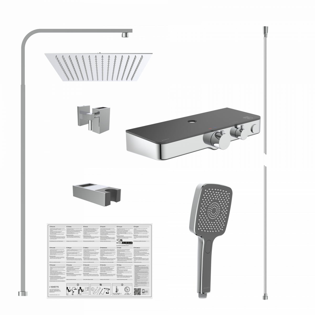 Duschsystem-Set mit eckiger Kopfbrause, Handbrause, Thermostat, Halterungen und Montageanleitung.
