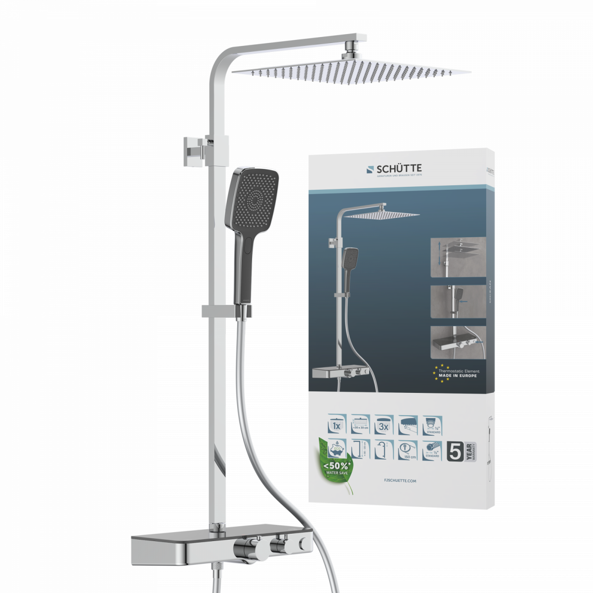 Duschsystem mit quadratischem Regenbrausekopf, Handbrause, Thermostat mit Ablage und Verpackung im Hintergrund.