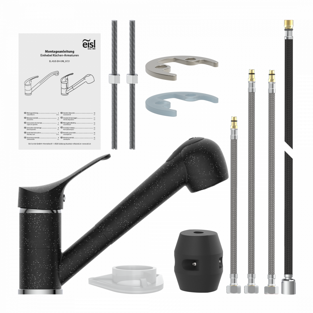 Schwarze Einhebel-Küchenarmatur mit Zubehör, Schläuchen, Befestigungsteilen und Anleitung.