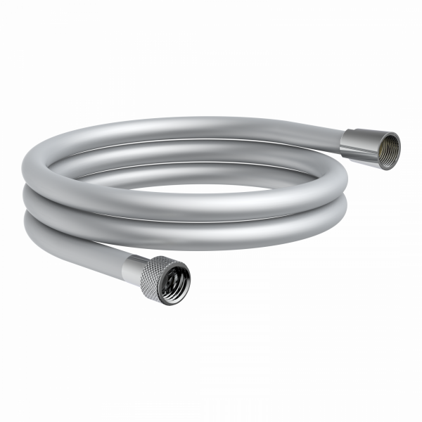 Flexibler silberfarbener Schlauch mit zwei Metallanschlüssen, spiralig aufgewickelt.