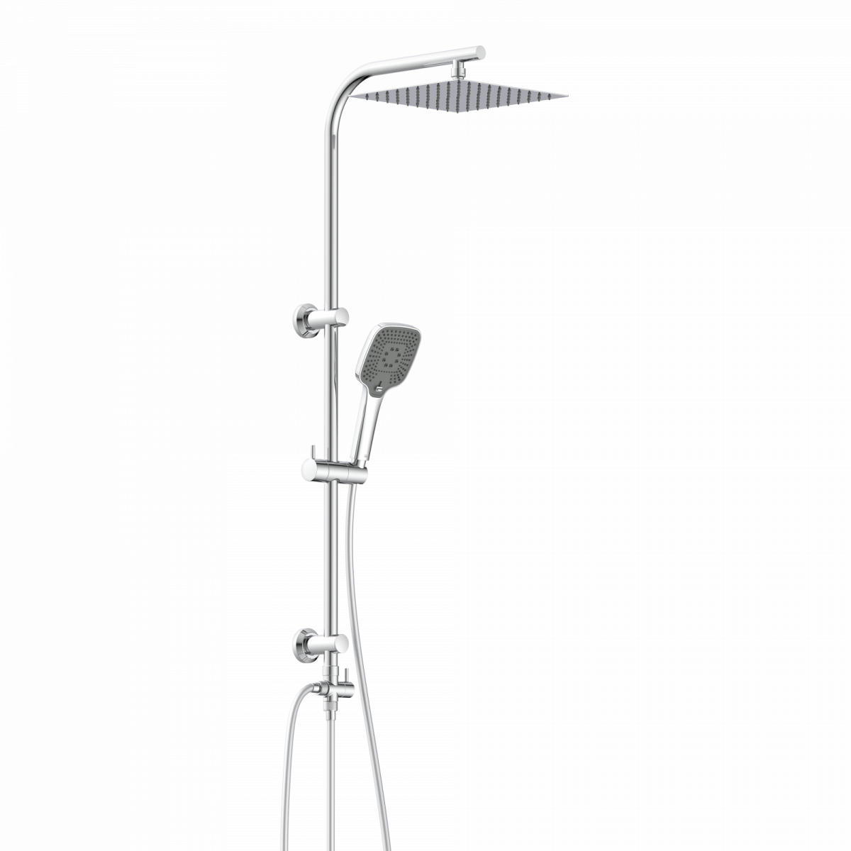 Duschsystem aus Metall mit quadratischer Kopfbrause und verstellbarer Handbrause.