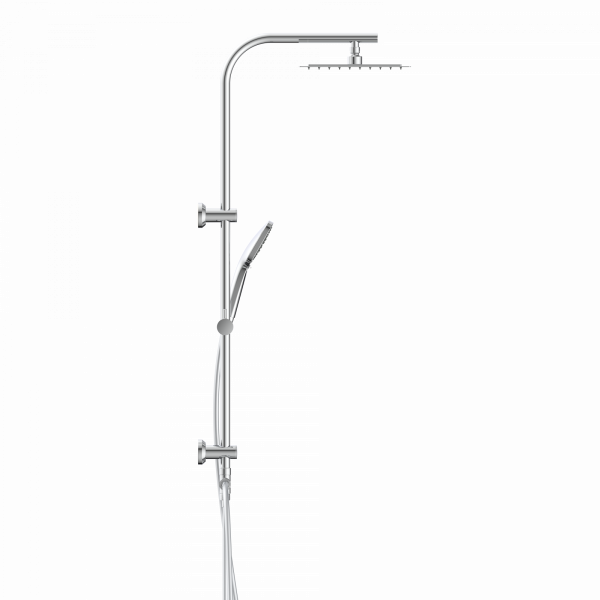 Chromfarbenes Duschsystem mit eckiger Kopfbrause, Handbrause und verstellbarer Stange.