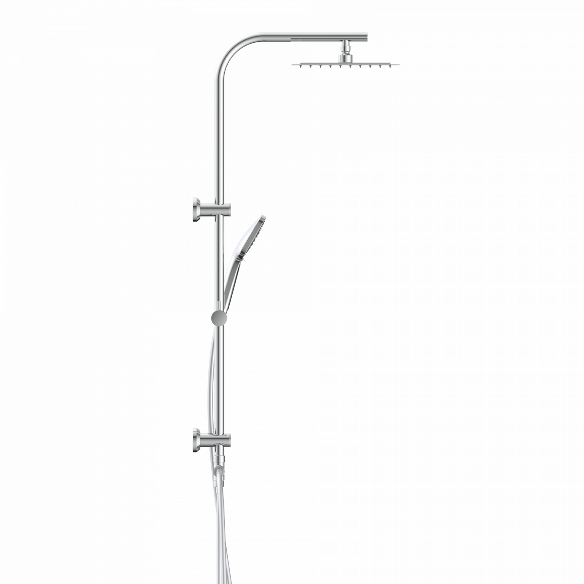 Chromfarbenes Duschsystem mit eckiger Kopfbrause, Handbrause und verstellbarer Stange.