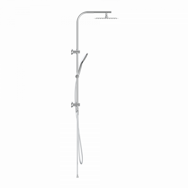 Duschsystem aus Metall mit eckigem Regenduschkopf und verstellbarer Handbrause.