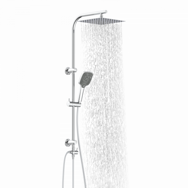 Duschsystem mit eckiger Regendusche und Handbrause, aus der Wasser strömt.