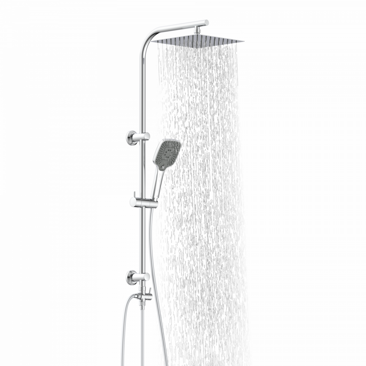 Duschsystem mit eckiger Regendusche und Handbrause, aus der Wasser strömt.