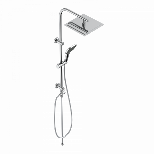 Duschsystem aus Metall mit quadratischer Kopfbrause, Handbrause und Schlauch.