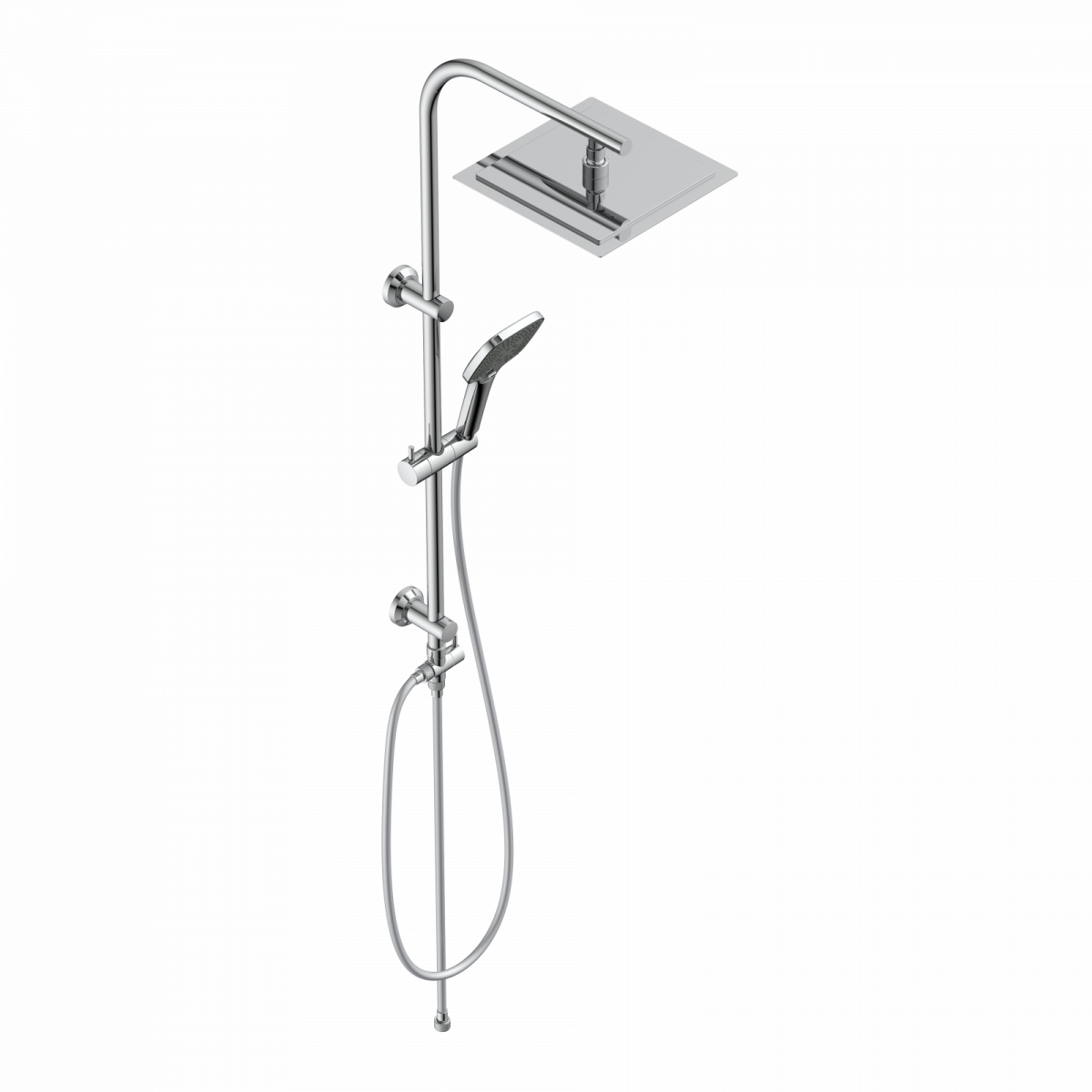 Duschsystem aus Metall mit quadratischer Kopfbrause, Handbrause und Schlauch.