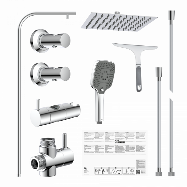 Duschset aus verchromten Armaturen mit Brausekopf, Regenbrause, Duschstange und Zubehör