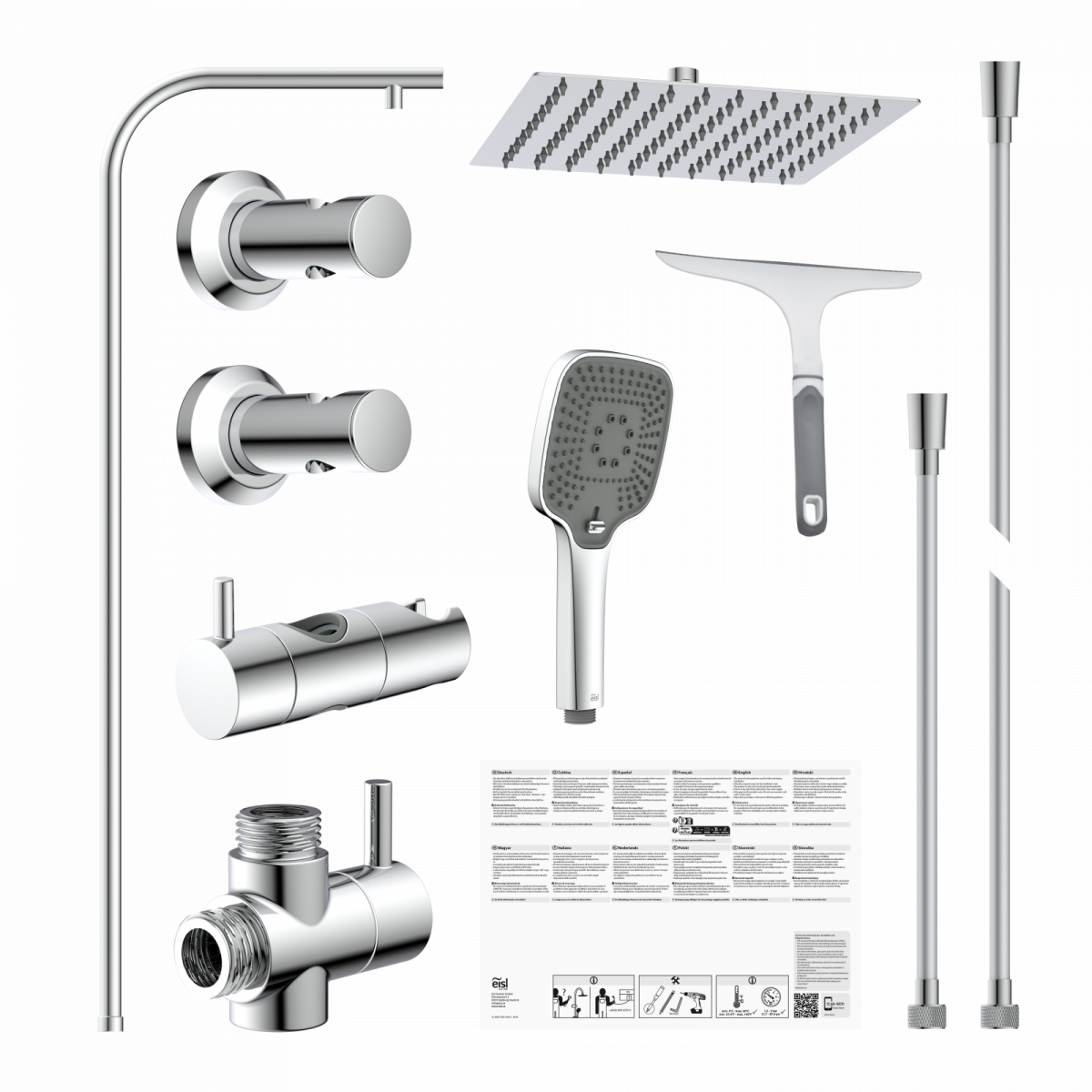 Duschset aus verchromten Armaturen mit Brausekopf, Regenbrause, Duschstange und Zubehör