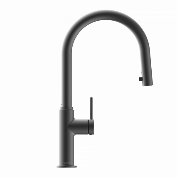 Schwarze Einhebel-Küchenarmatur mit hohem gebogenem Auslauf und seitlichem Hebelgriff.