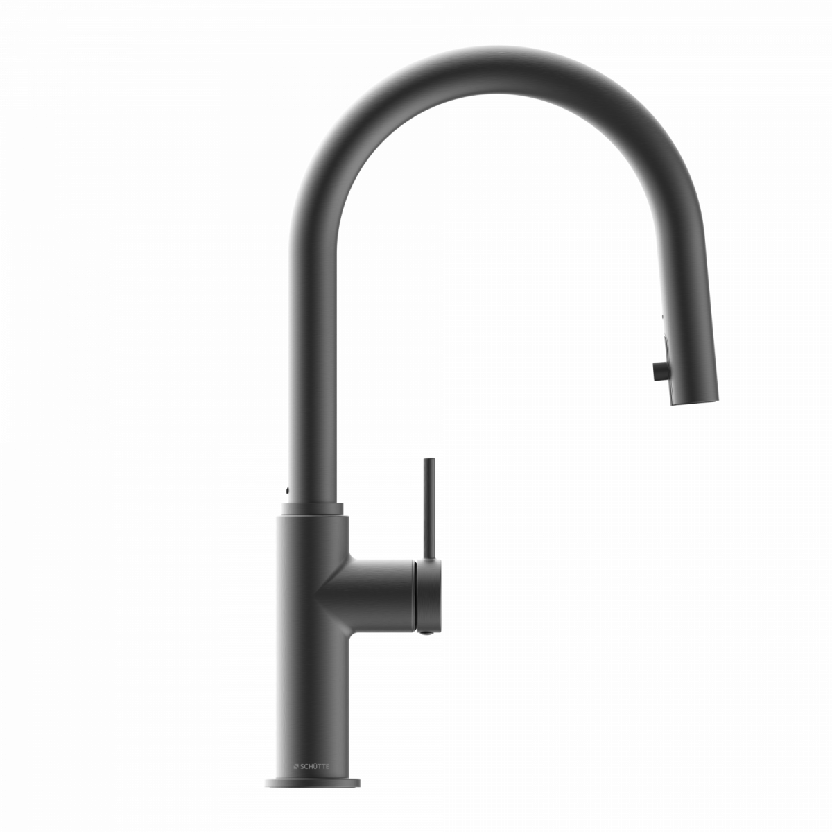 Schwarze Einhebel-Küchenarmatur mit hohem gebogenem Auslauf und seitlichem Hebelgriff.