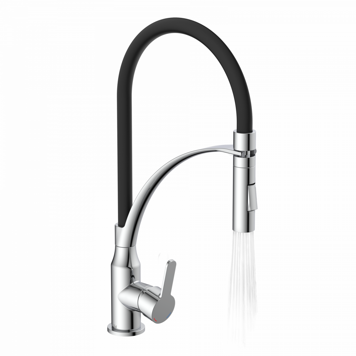 Küchenarmatur aus Chrom mit schwarzem Schlauch und ausziehbarer Brause, aus der Wasser fließt.