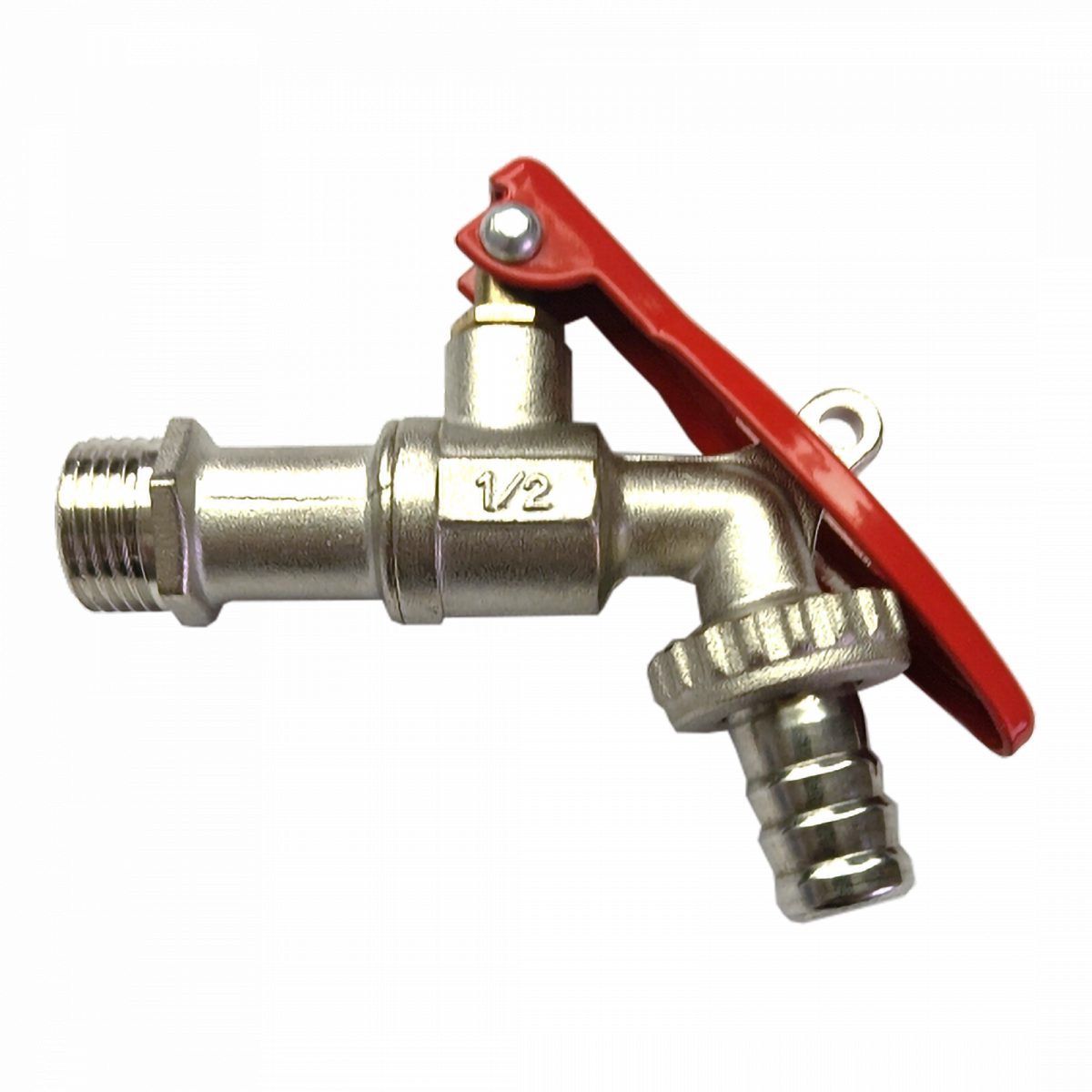 Metallener Wasserhahn mit rotem Hebelgriff und Schlauchanschluss, Größe 1/2 Zoll.