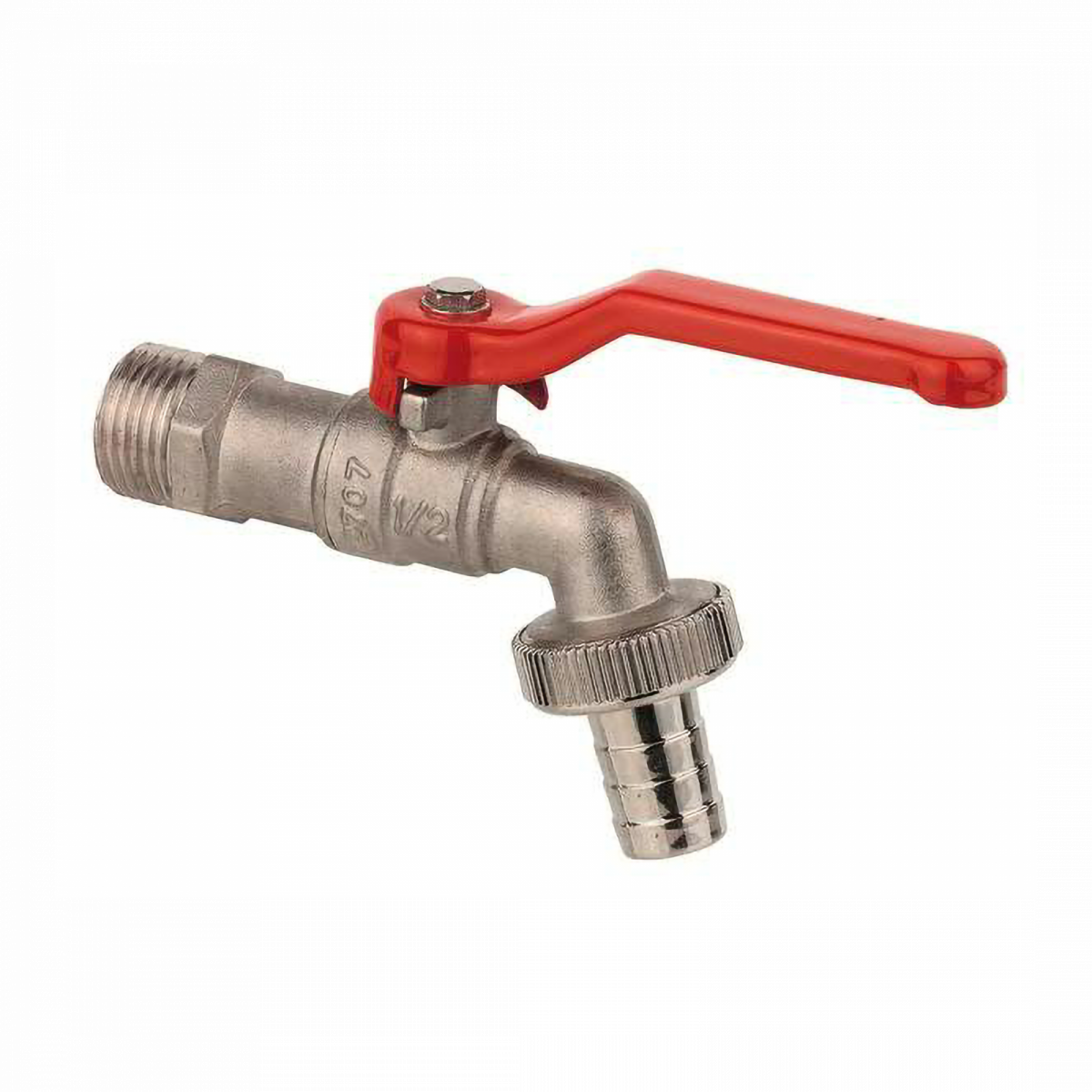 Metallwasserhahn mit rotem Hebelgriff und geriffeltem Schlauchanschluss.