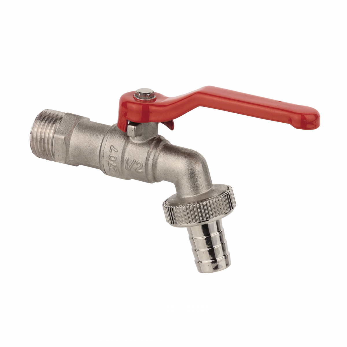 Metall-Wasserhahn mit rotem Hebelgriff und Gewindeanschluss.