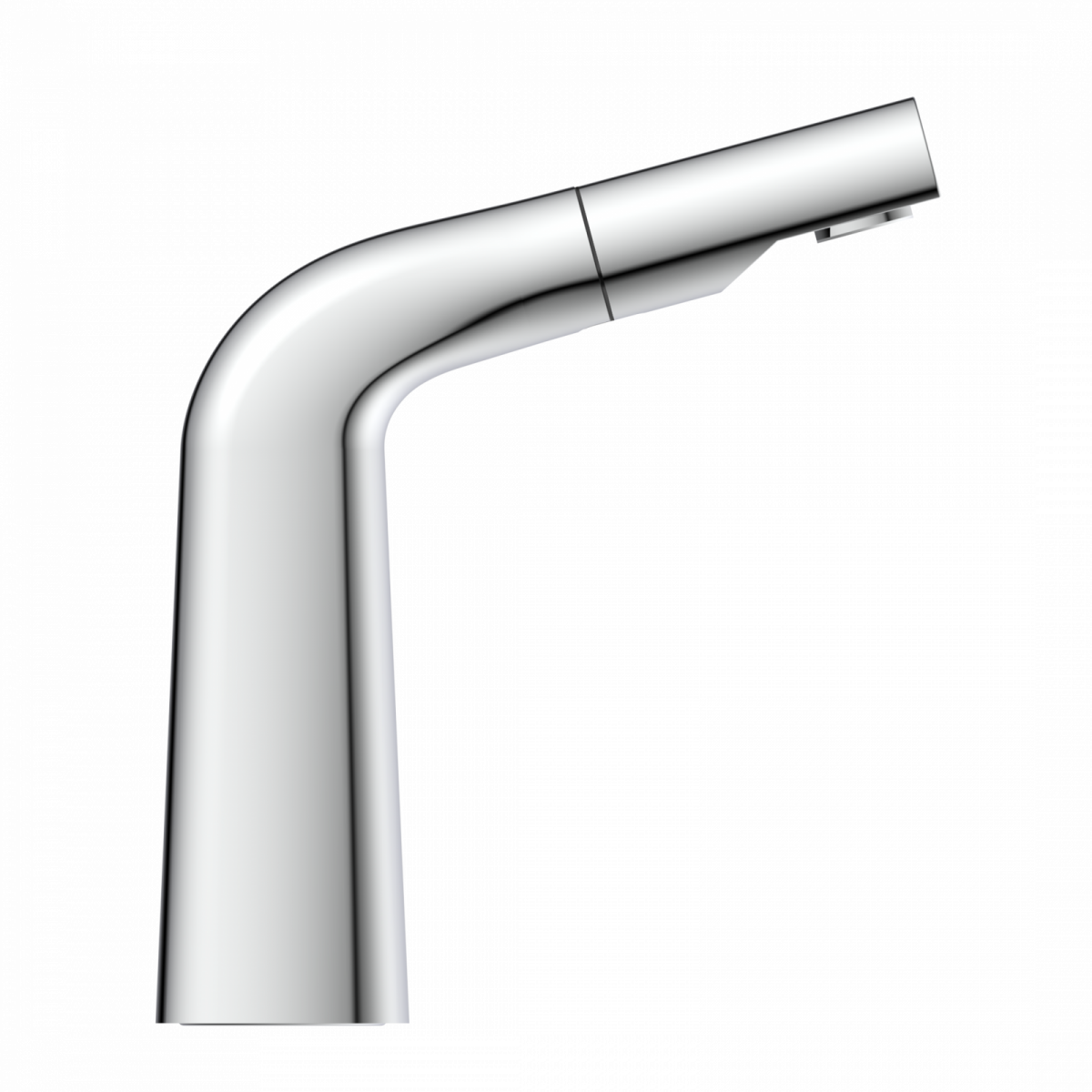 Verchromter Wasserhahn mit gebogenem Auslauf und glatter Oberfläche.