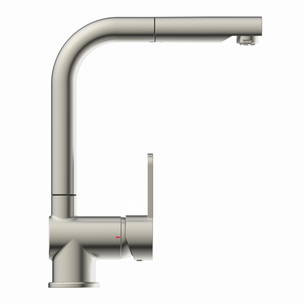 Edelstahl-Küchenarmatur mit L-förmigem Auslauf und seitlichem Hebel.