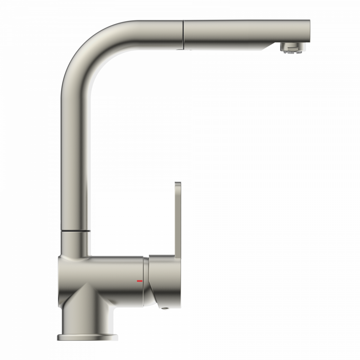Edelstahl-Küchenarmatur mit L-förmigem Auslauf und seitlichem Hebel.