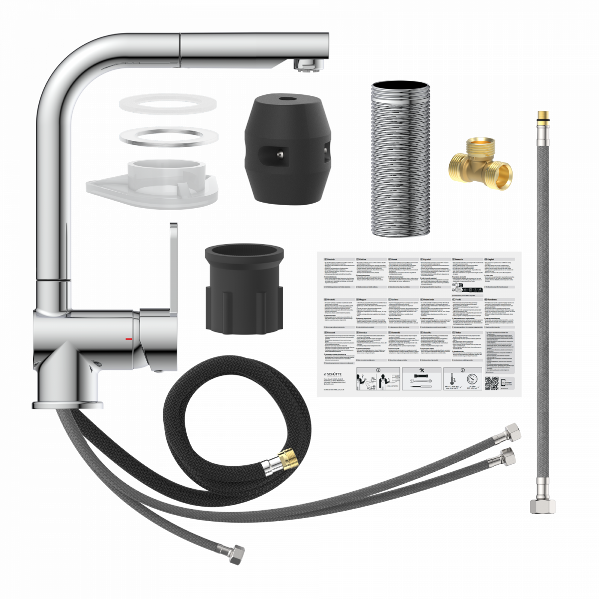 Chromfarbene Küchenarmatur mit Anschlusszubehör und Schläuchen und Befestigungsteilen