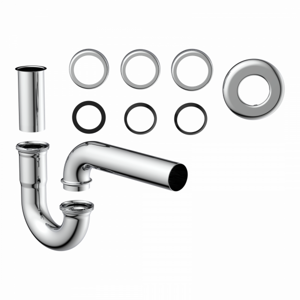 Verchromtes Siphonset mit Rohrbogen, Verlängerungsrohr und mehreren Dichtungsringen.