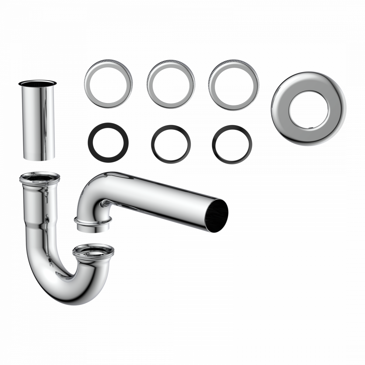 Verchromtes Siphonset mit Rohrbogen, Verlängerungsrohr und mehreren Dichtungsringen.
