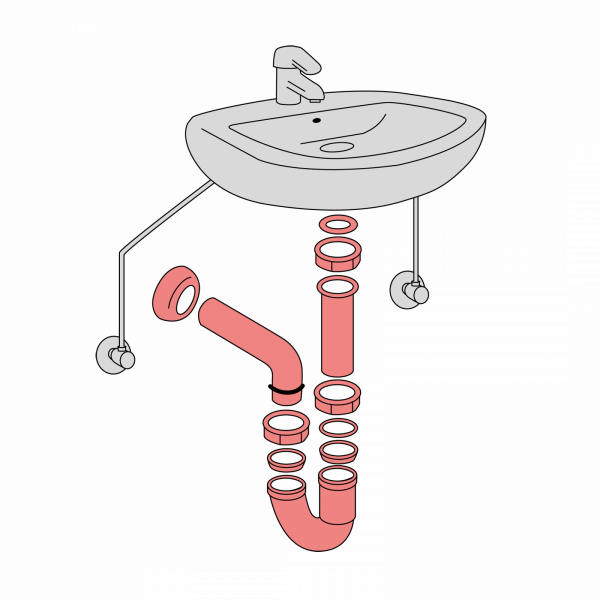 Schematische Darstellung eines Waschbeckens mit zerlegtem Siphon und Anschlussrohren.