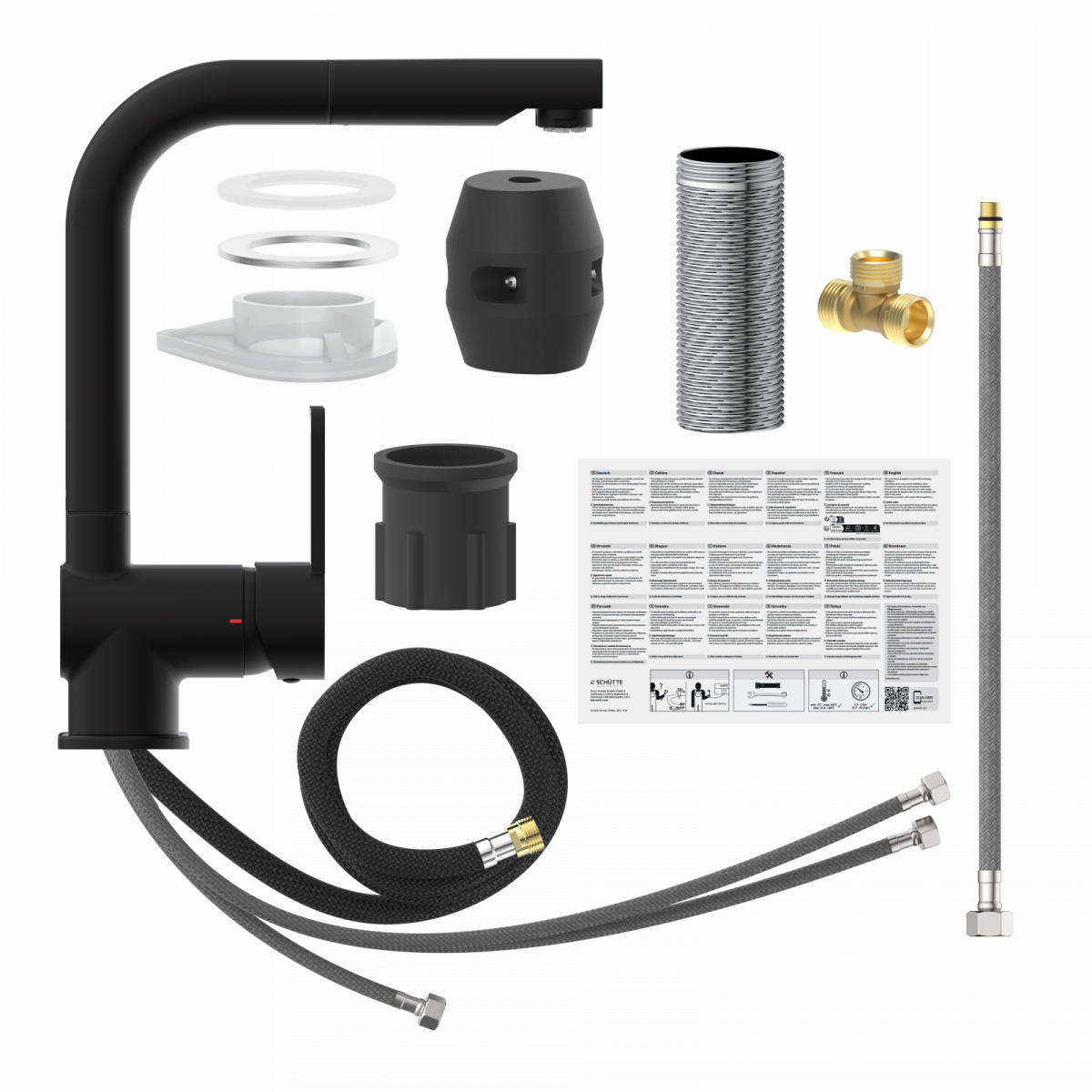 Schwarze Küchenarmatur mit Anschlussschläuchen und Montageset