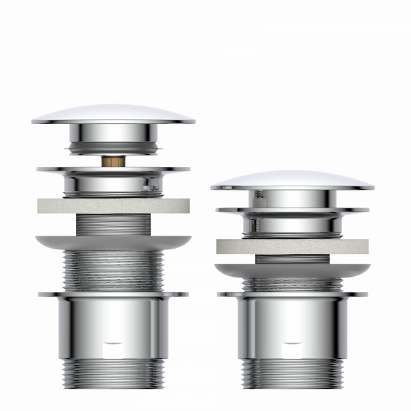 Zwei chromfarbene Ablaufventile mit Runddeckel, eines zerlegt, eines montiert dargestellt.