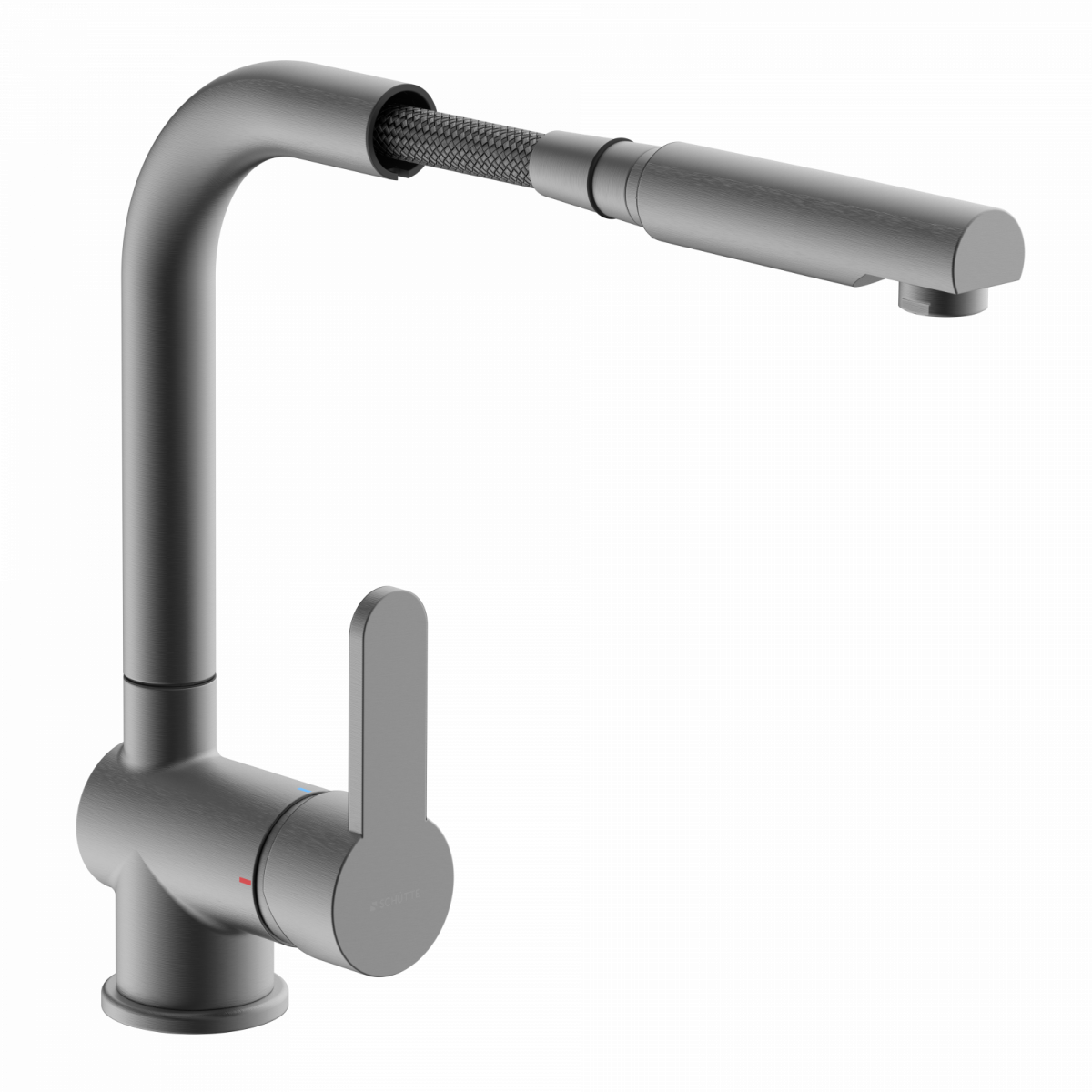 Küchenarmatur mit ausziehbarem Brauseschlauch und seitlichem Hebelgriff in Edelstahloptik