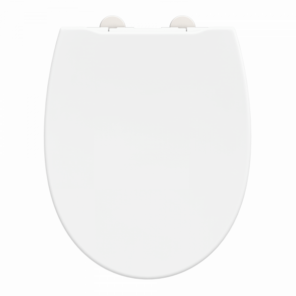 Weißer WC-Sitz mit ovaler Form und sichtbaren Befestigungsscharnieren oben.