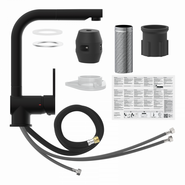Schwarze Küchenarmatur mit hohem Auslauf, Hebel, Schläuchen und Montageset