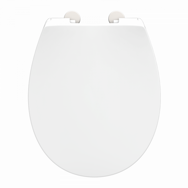 Weißer ovaler WC-Sitz mit geschlossener Deckelansicht vor neutralem Hintergrund.