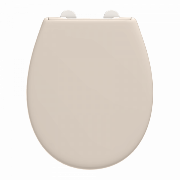 Beigefarbener WC-Sitz in ovaler Form mit geschlossener Deckelansicht.