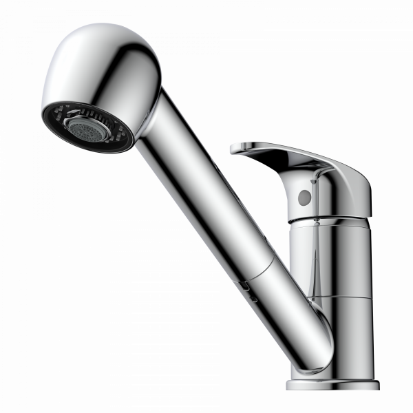 Verchromte Einhebel-Küchenarmatur mit schwenkbarem Auslauf und herausziehbarem Brausekopf.