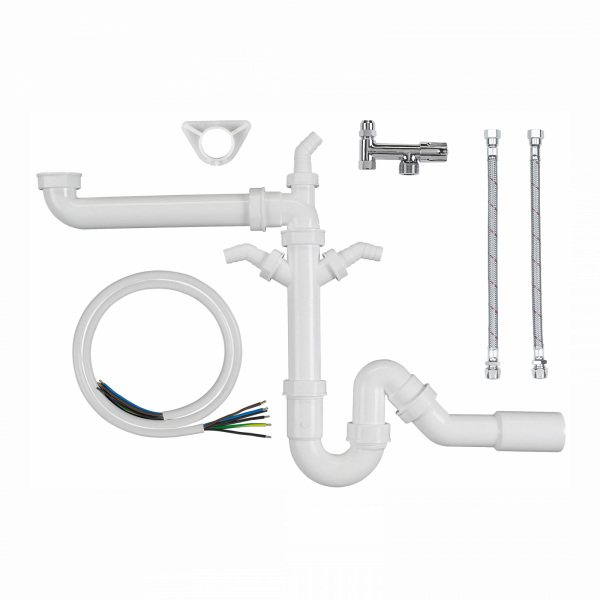 Set aus weißen Kunststoffrohren, zwei Flexschläuchen, Abzweigstück und Kabel.