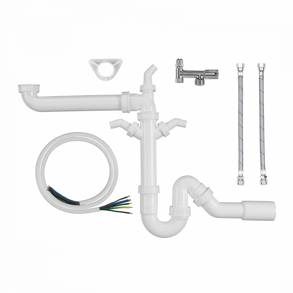 Set aus weißen Kunststoffrohren, zwei Flexschläuchen, Abzweigstück und Kabel.