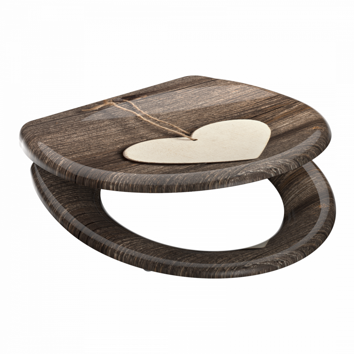 Dunkelbrauner WC-Sitz in Holzoptik mit aufgelegtem Herzanhänger aus hellem Material.