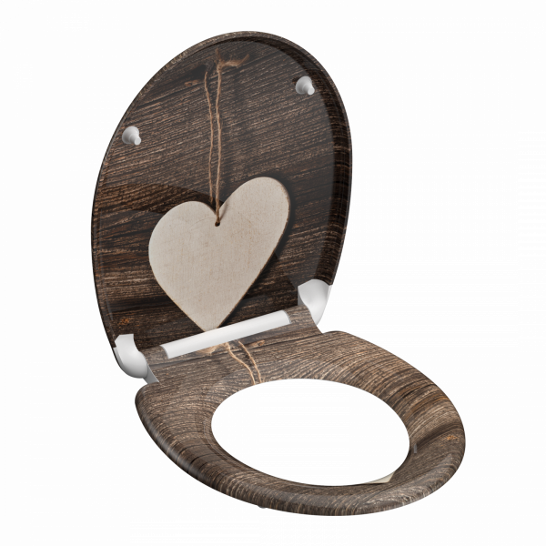 Brauner Toilettensitz mit Holzoptik und hellem Herzmotiv am Deckel.