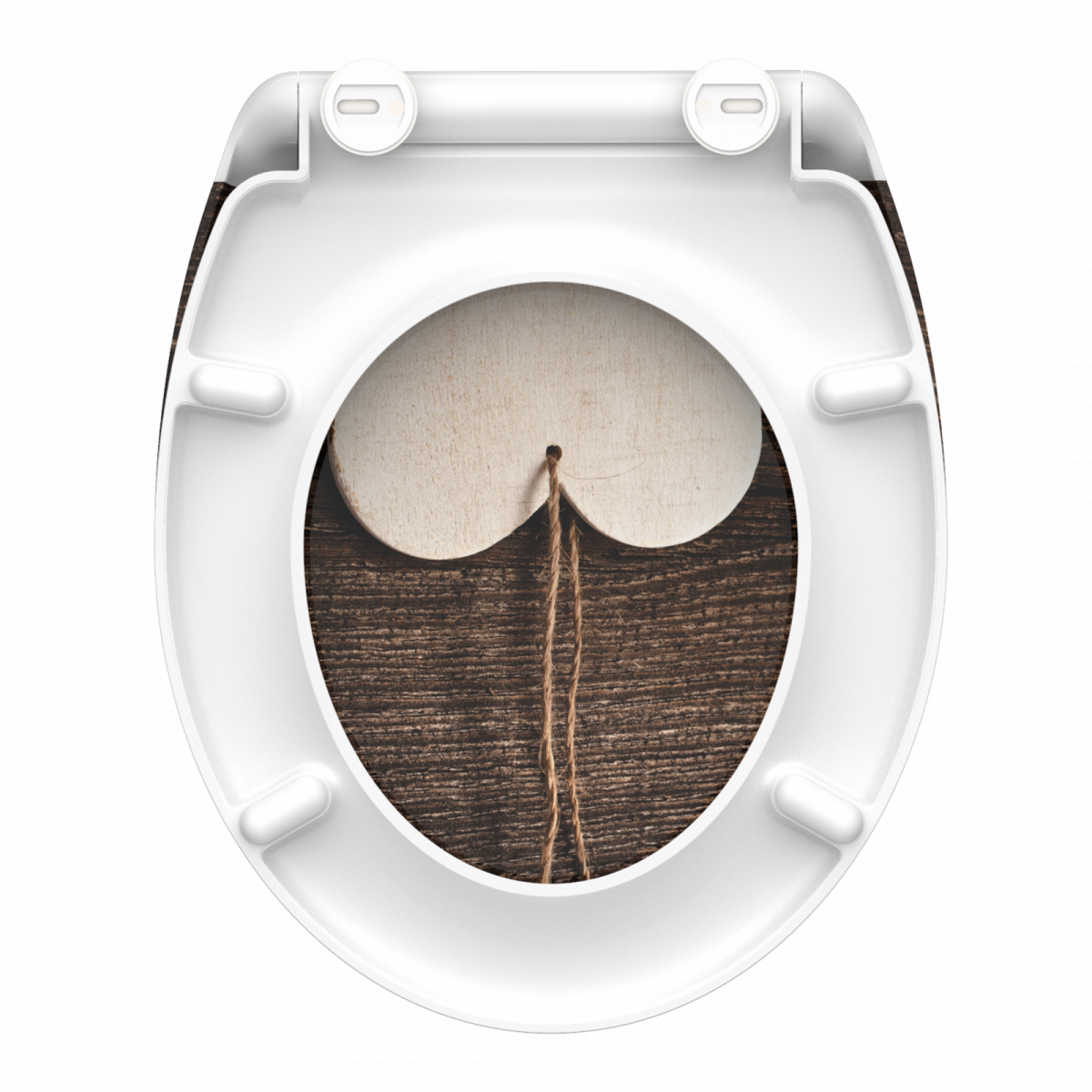 Weißer WC-Sitz mit Motiv aus Holzherz und Kordel auf brauner Holzoptik.