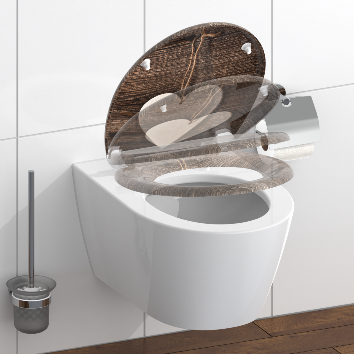 Wandhängendes WC mit braunem Toilettensitz in Holzoptik und Herzmotiv.