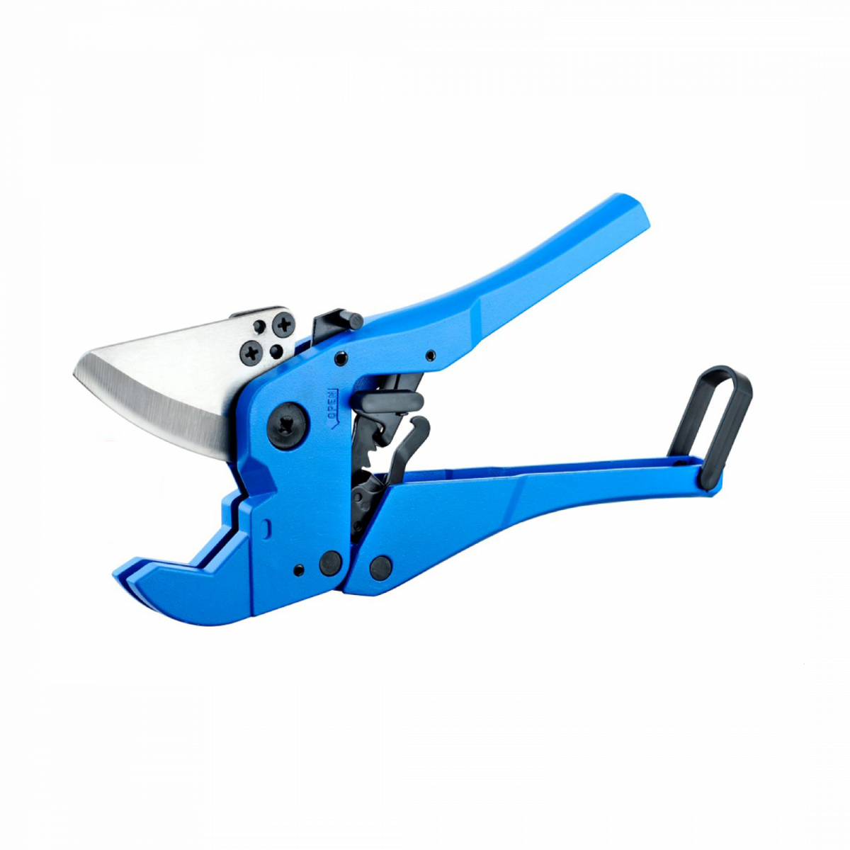Blaue Rohrschere mit silberner Klinge und ergonomischem Griff in seitlicher Ansicht.