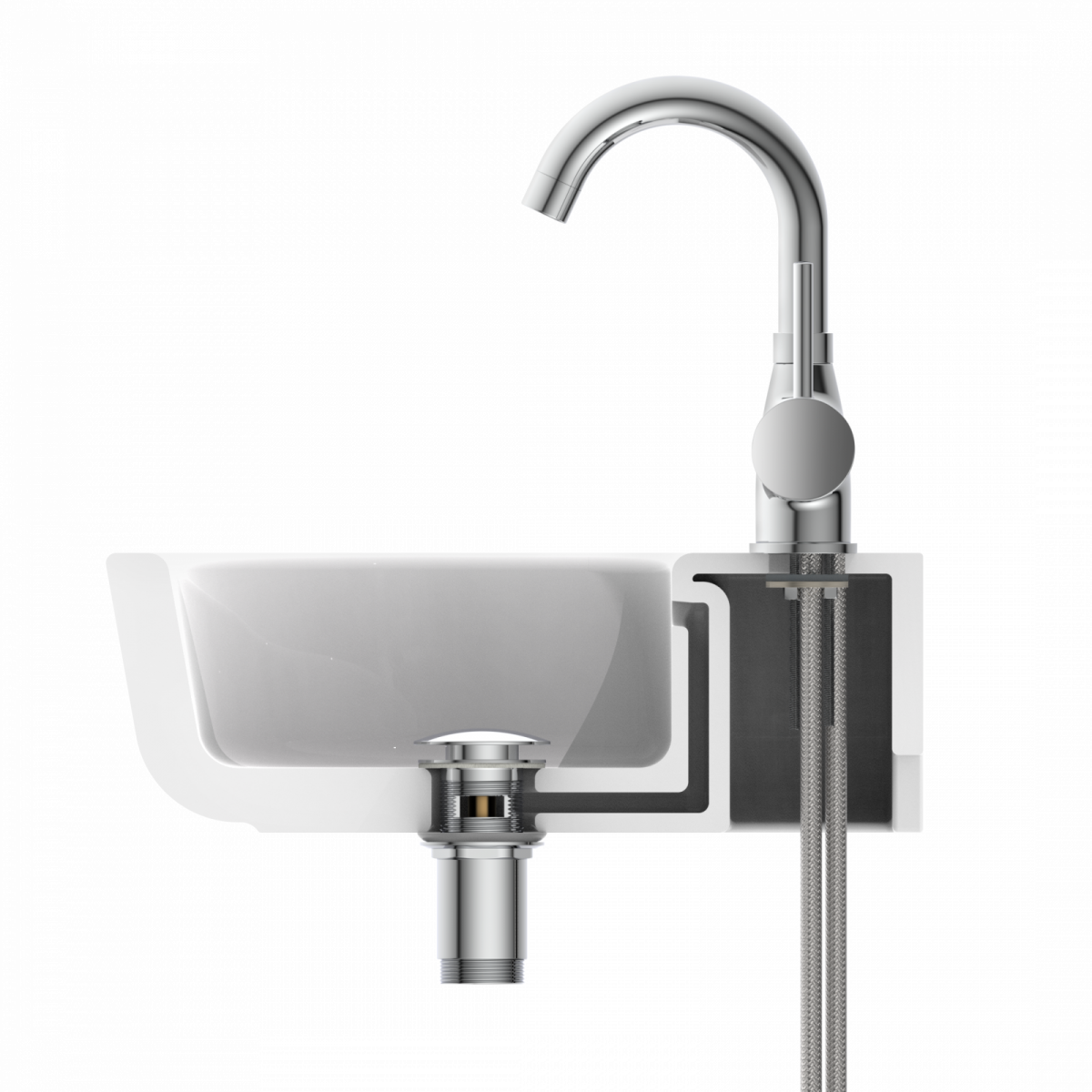 Querschnitt eines weißen Waschbeckens mit Armatur, Ablauf und sichtbarer Wasserführung.