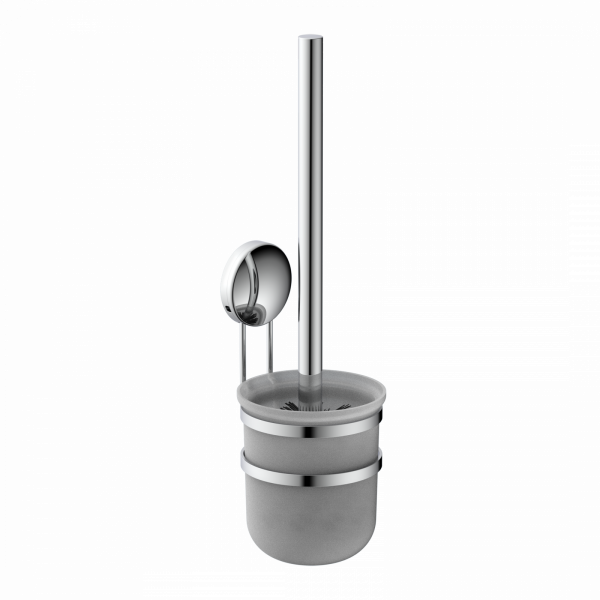Wandmontierte WC-Bürstengarnitur aus Metall mit Halterung und mattiertem Becher.
