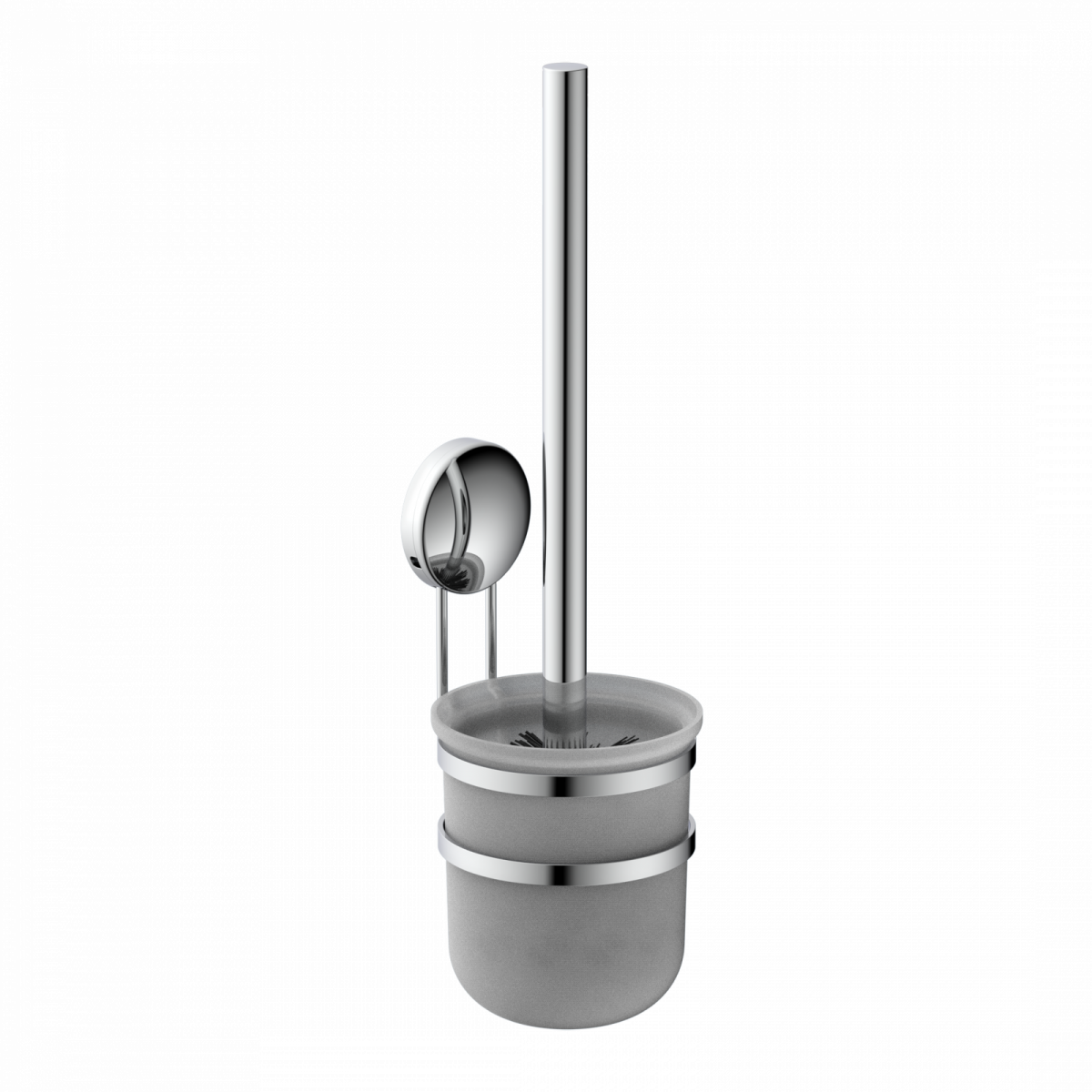 Wandmontierte WC-Bürstengarnitur aus Metall mit Halterung und mattiertem Becher.
