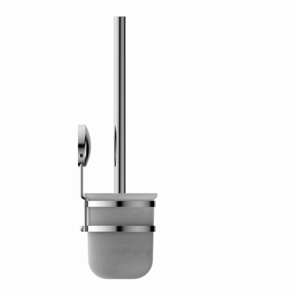 Wandmontierte Toilettenbürste mit Halter aus Metall und mattem Glasbehälter.