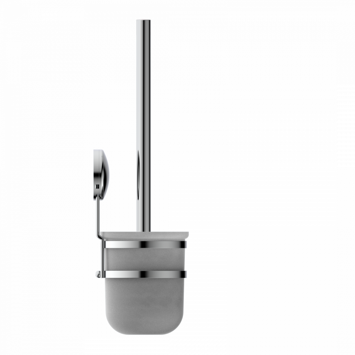 Wandmontierte Toilettenbürste mit Halter aus Metall und mattem Glasbehälter.